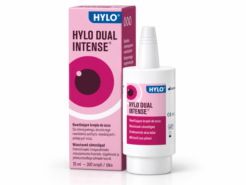 HYLO DUAL INTENSE® – intensyviai drėkinantys akių lašai su 0,2 % natrio hialuronato ir ektoinu, skirti ryškesniam akių sausumui, deginimui, perštėjimui ir niežėjimui. Be konservantų ir fosfatų, tinkami ilgalaikiam naudojimui. 10 ml – apie 300 lašų.