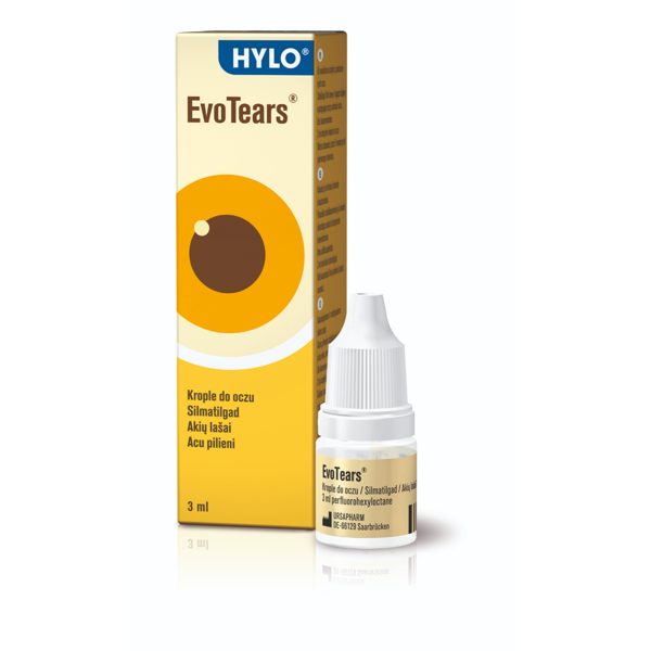 HYLO EvoTears® – bevandeniai akių lašai be konservantų, skirti sausoms ir dirginamoms akims. Jie padeda stabilizuoti ašarų plėvelę ir saugo ją nuo per greito išgaravimo. Ypač tinka daug dirbantiems prie ekranų ar jaučiantiems akių sausumą dėl sauso oro, vėjo ar kondicionieriaus.